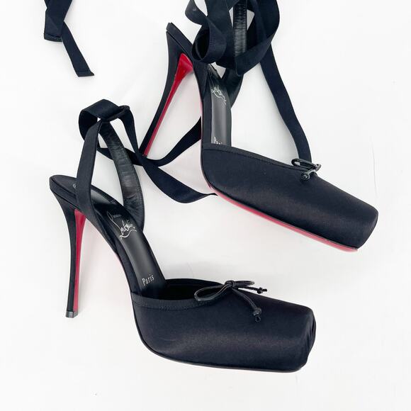 NWOB Christian Louboutin Cassia Black Crepe Satin Lace Up Square Toe Heels EU 38 - Picture 6 of 15